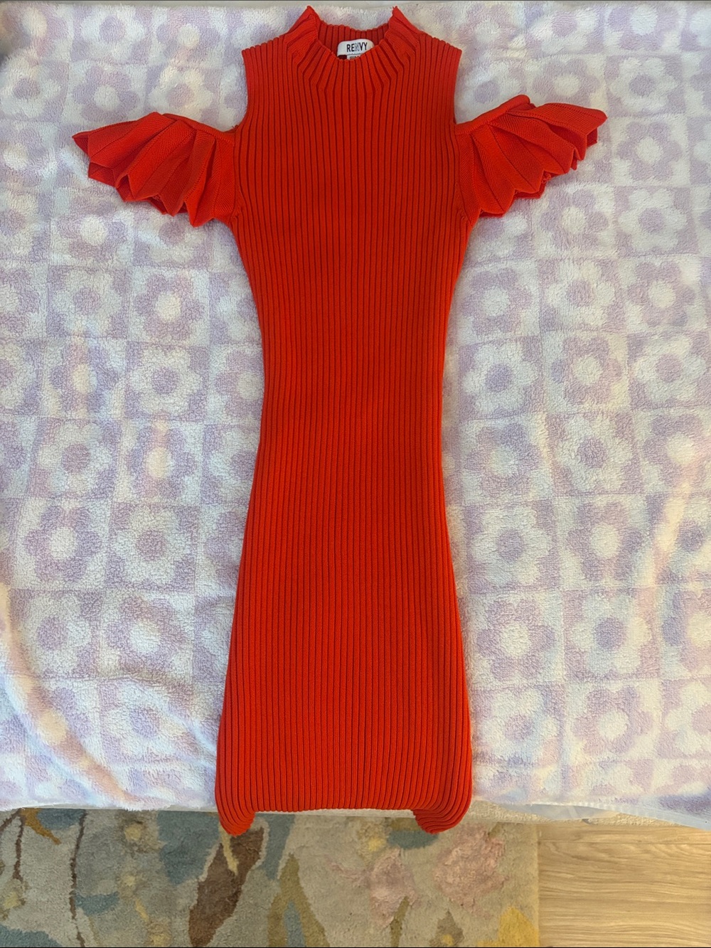 Reivy Red Ribbed Cold-Shoulder Midi Dress